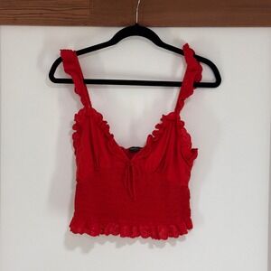 White Fox Eyelet Ruffle Smocked Crop Top Womens Large Red Cotton | Coquette Boho